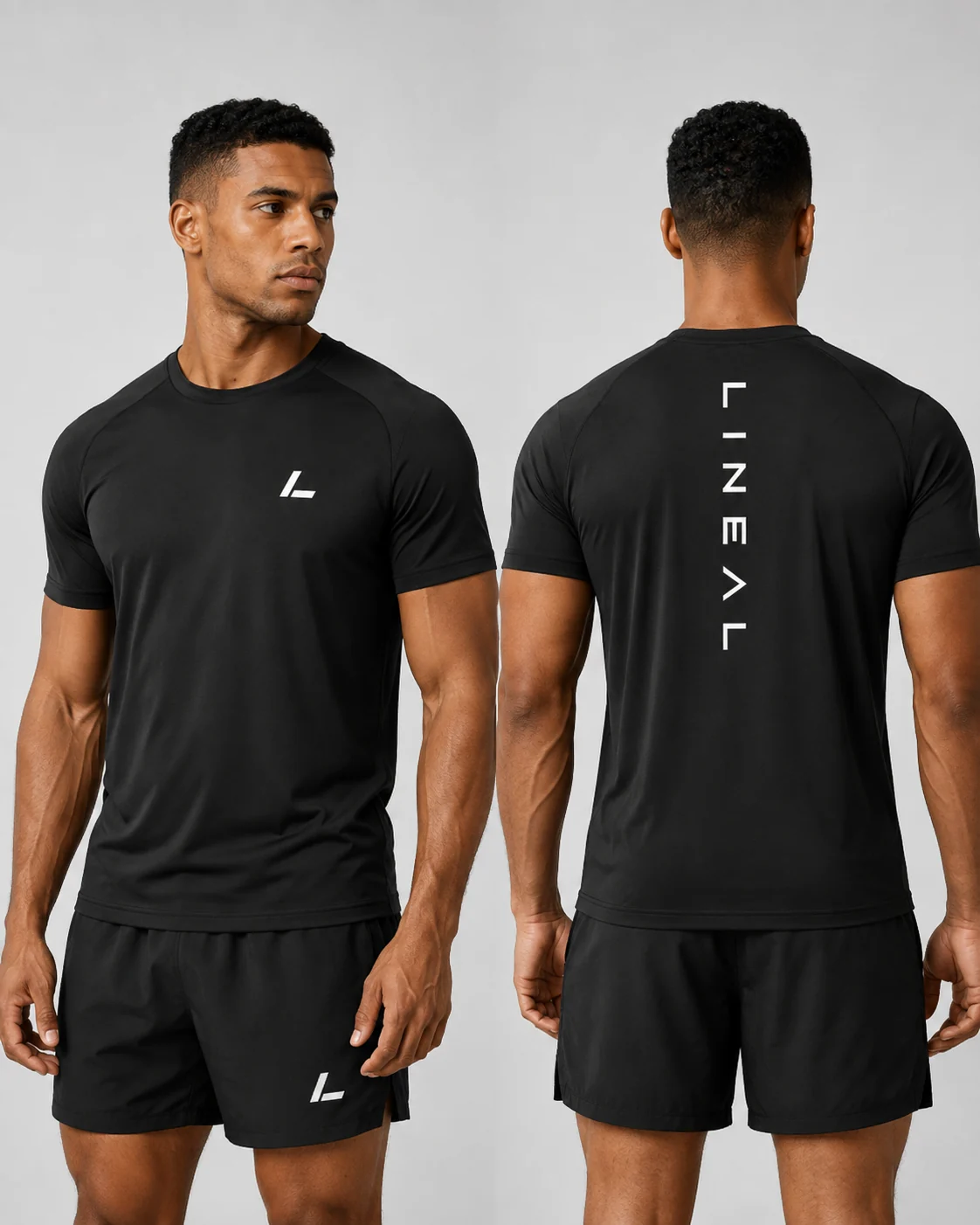 LINEAL Strength slim tee and shorts, front and back