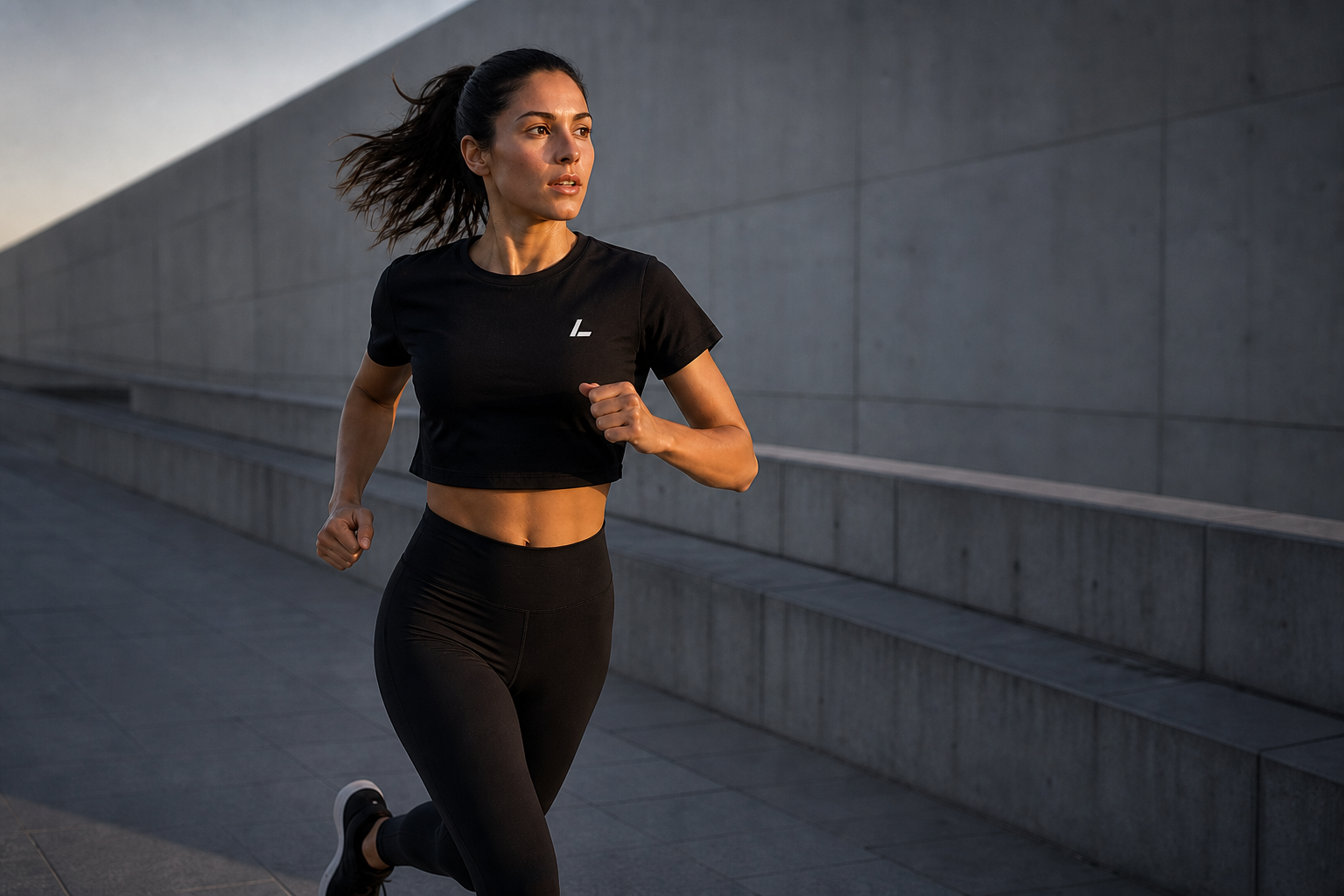 Female LINEAL runner wearing black performance apparel with the angled L logo